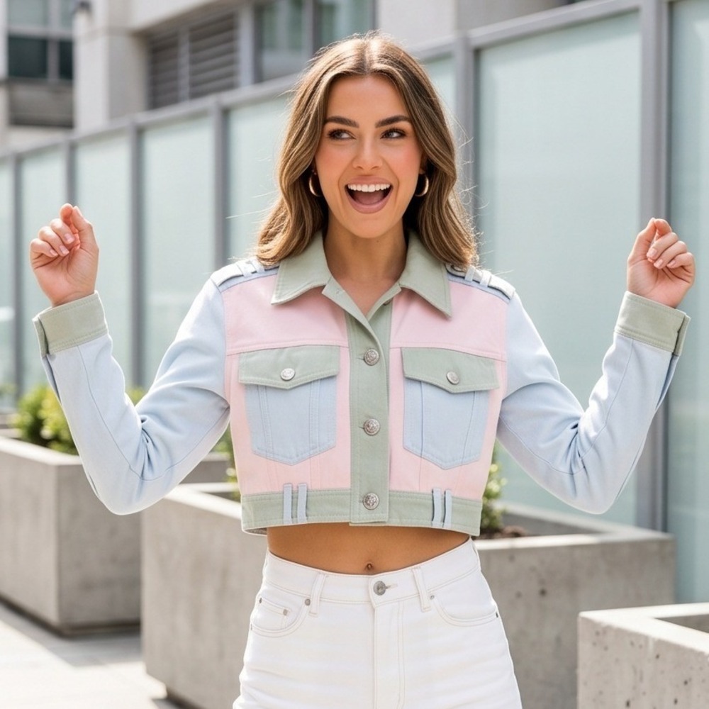 Akira S Pastel Colorblock Cropped Denim Military Jacket Pink Blue Green Small